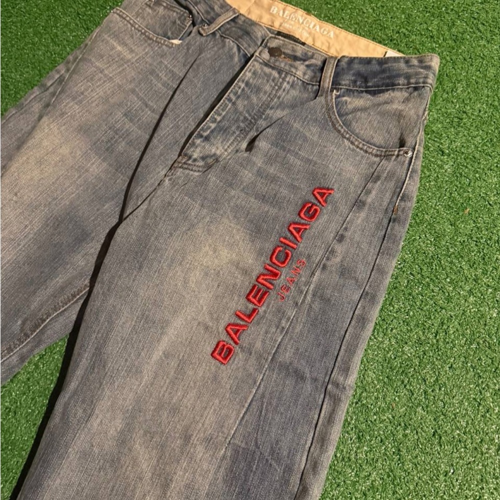 Balenciaga Men's Denim Jeans with Red Logo